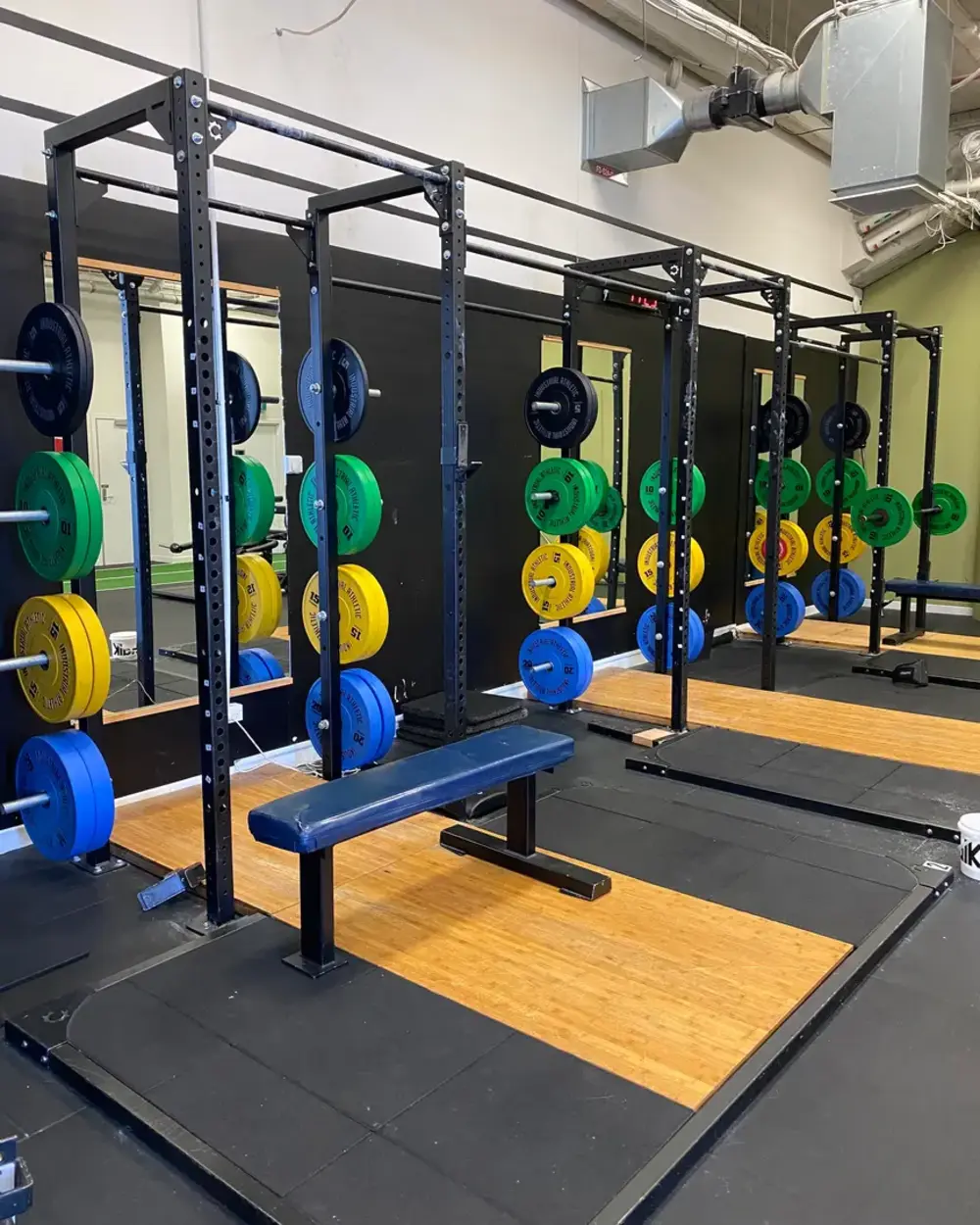 Compound Gym lifting platforms with coloured bumper plates