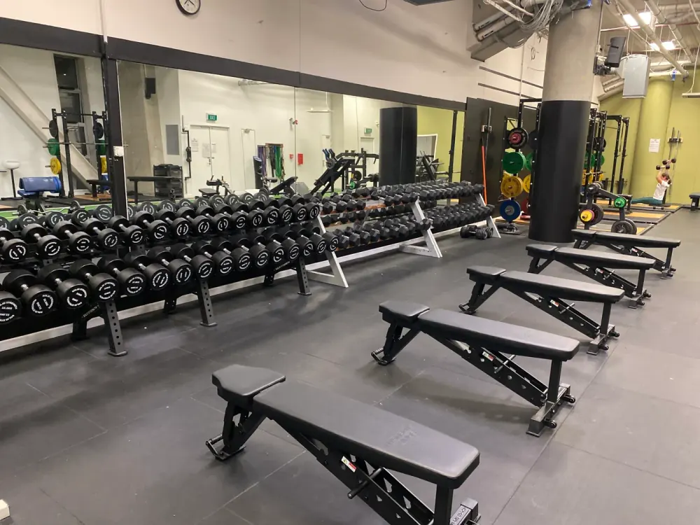 Dumbbell racks and adjustable benches at Compound Gym, with lifting platforms and colour-coded plates behind