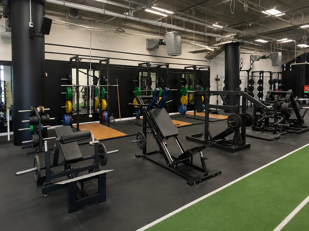 Squat and power racks at Compound Gym with colour-coded bumper plates and wooden lifting platforms