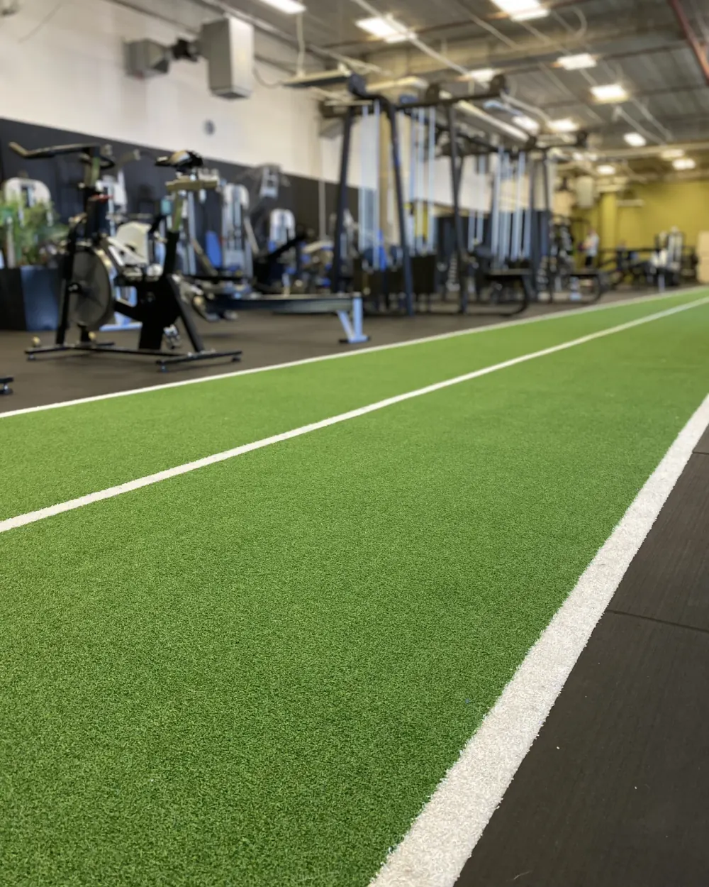 Close-up of the 46m indoor turf lane at Compound Gym, with rig and cable stations in the background