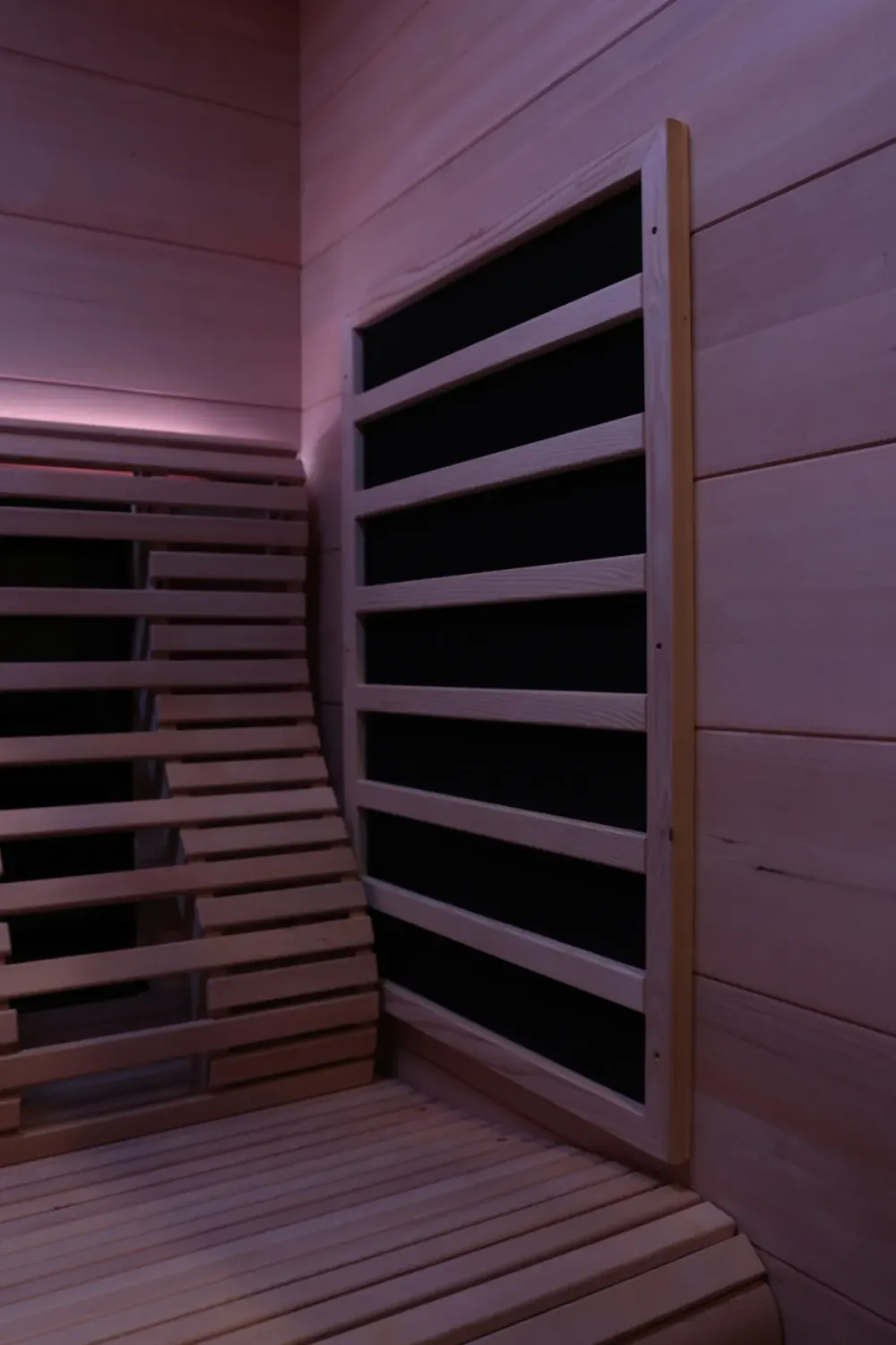Infrared heater panel and bench inside the Compound Gym sauna, Dunedin